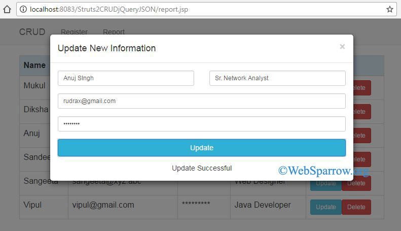 Struts 2 CRUD Example using jQuery Ajax and JDBC
