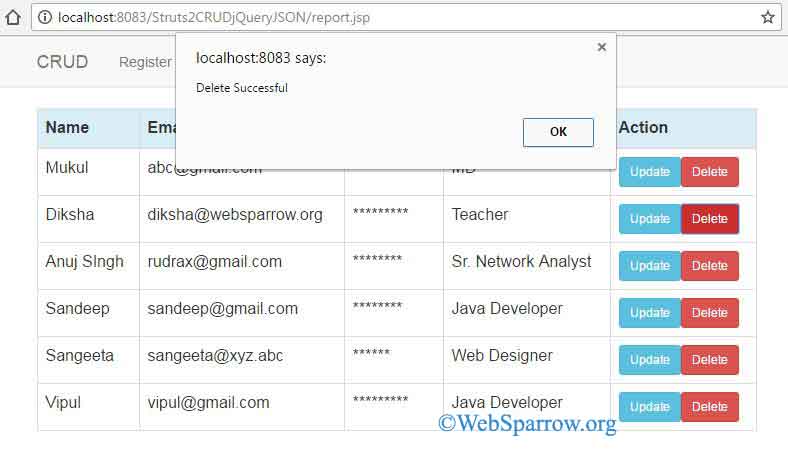 Struts 2 CRUD Example using jQuery Ajax and JDBC