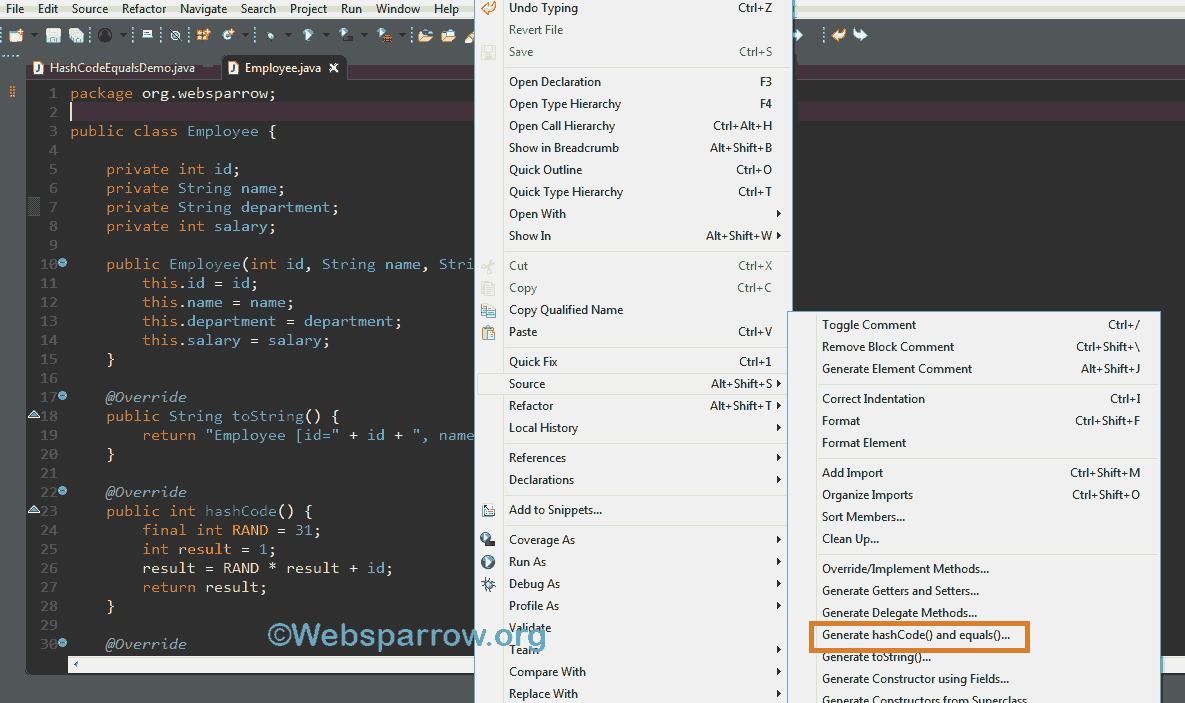 Java hashCode() and equals() methods example